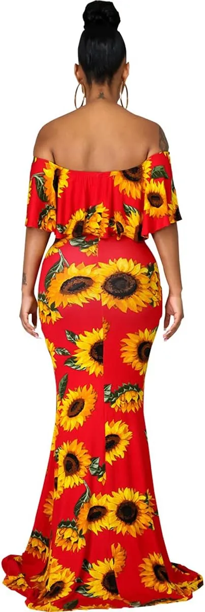 HugeNice Women's Elegant Off Shoulder Wedding Guest Dress Casual Ruffle Church Party Dresses