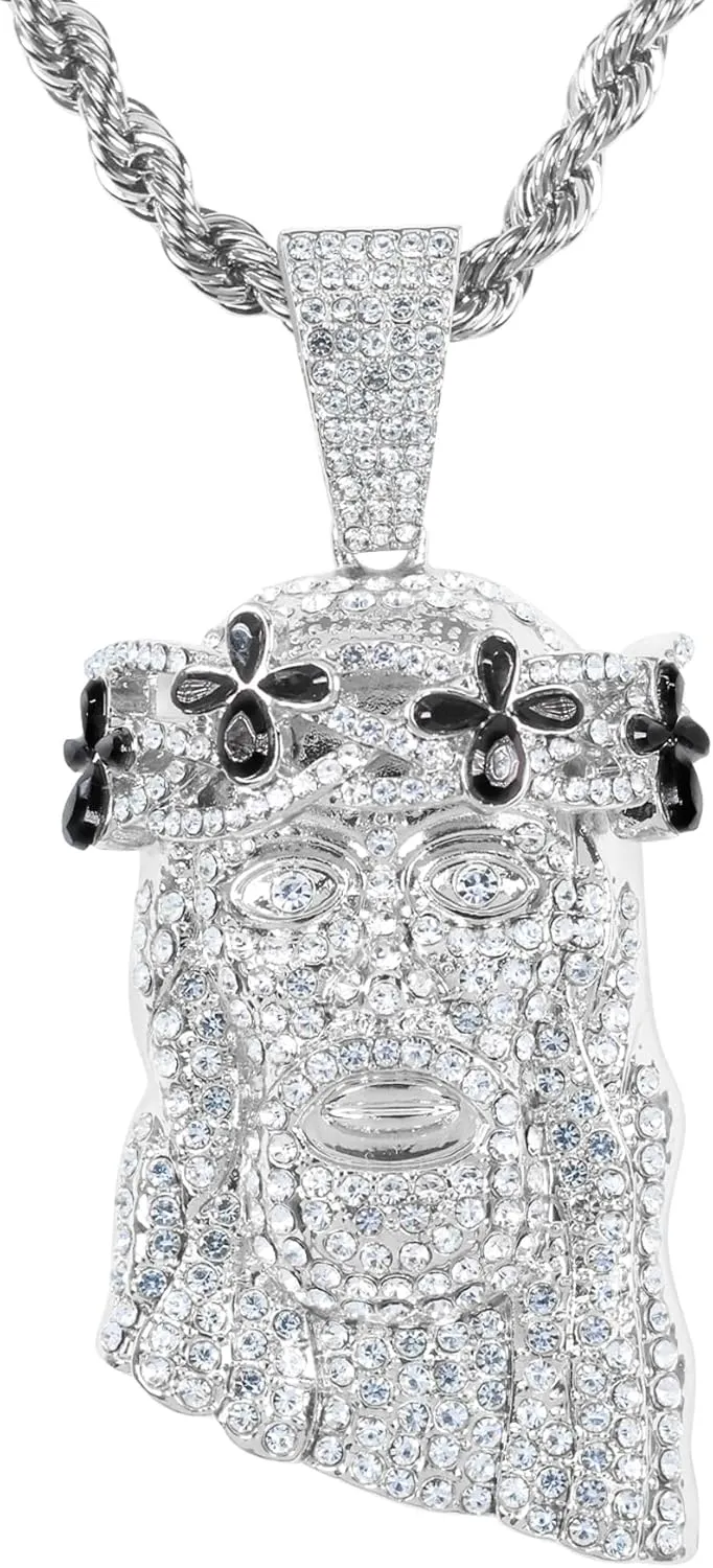 ICE STAR Men's Iced-Out Floral Crown Jesus Pendant Necklace with 24" Rope Chain - Hip-Hop Jewelry with Simulated Crystals