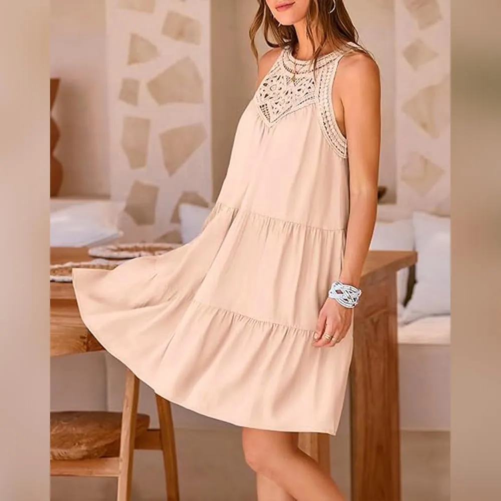IKADEX Women Boho Hallow Out Crochet Tent Dress Sleeveless Tiered Loose Fit Summer Beach Casual Sundress