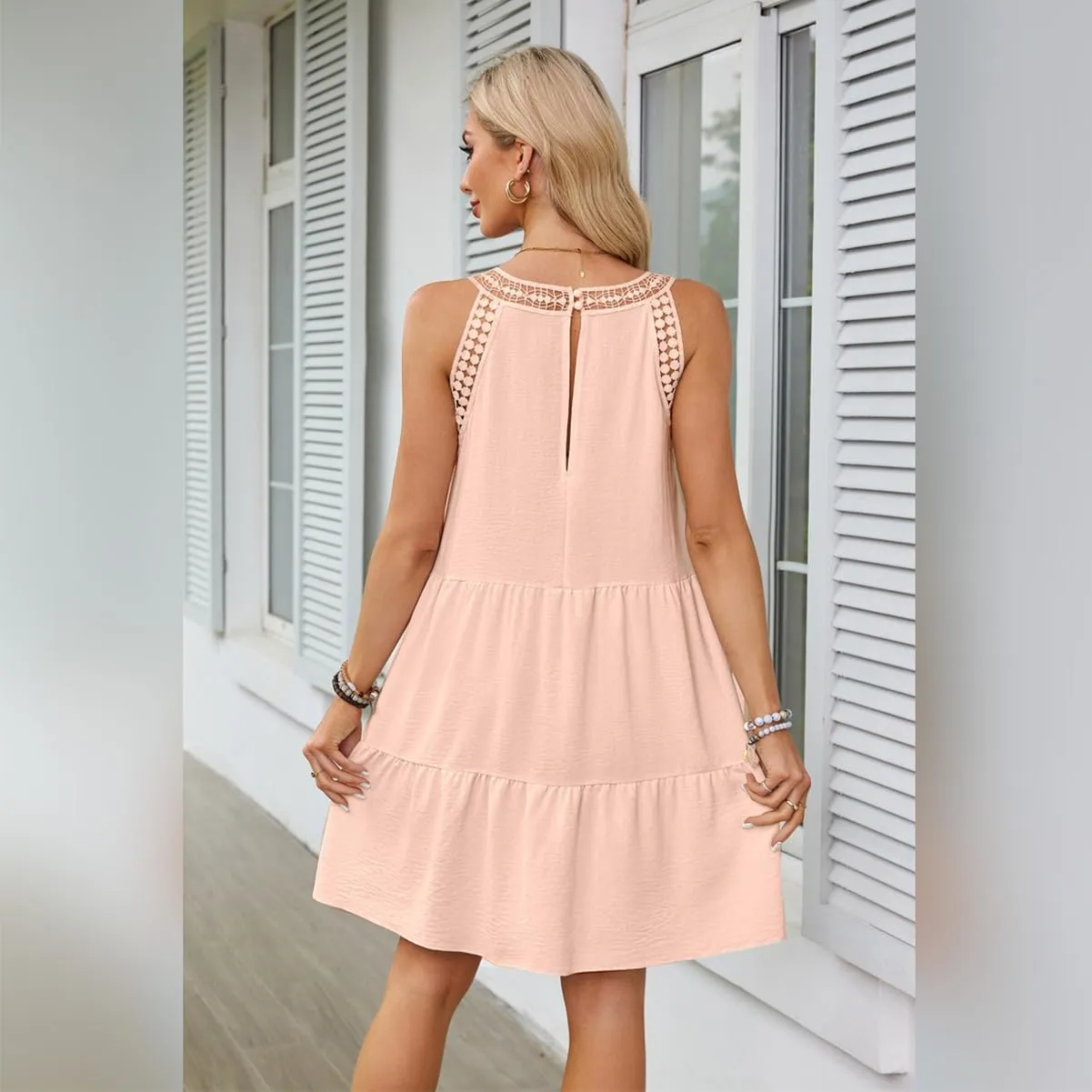 IKADEX Women Boho Hallow Out Crochet Tent Dress Sleeveless Tiered Loose Fit Summer Beach Casual Sundress