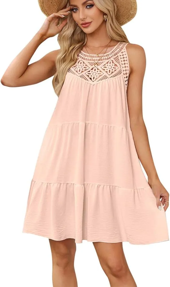 IKADEX Women Boho Hallow Out Crochet Tent Dress Sleeveless Tiered Loose Fit Summer Beach Casual Sundress