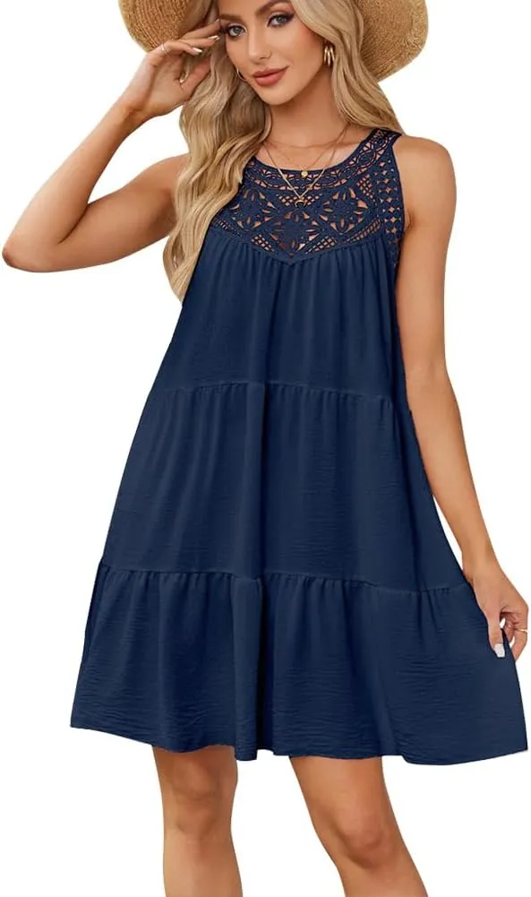 IKADEX Women Boho Hallow Out Crochet Tent Dress Sleeveless Tiered Loose Fit Summer Beach Casual Sundress