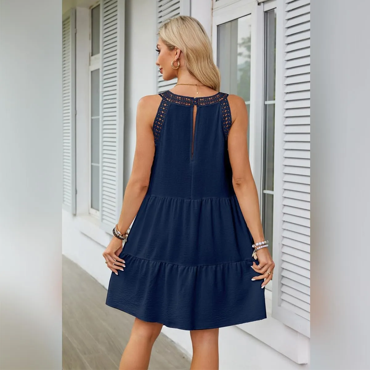 IKADEX Women Boho Hallow Out Crochet Tent Dress Sleeveless Tiered Loose Fit Summer Beach Casual Sundress