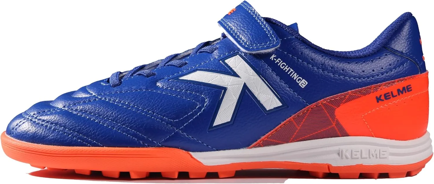 KELME Laceless Soccer Cleats Youth and Kids  Futsal or Turf Soccer Shoes for Boys/Girls  Indoor or Outdoor Hook and Loop Football Boots (Blue/Orange, 3)