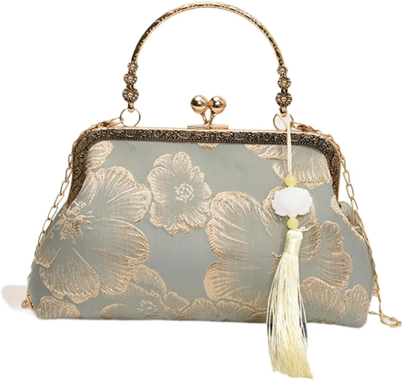 Kiss Lock Purse Handbag Floral Buckle Purse with Chain Strap Floral Pattern Green