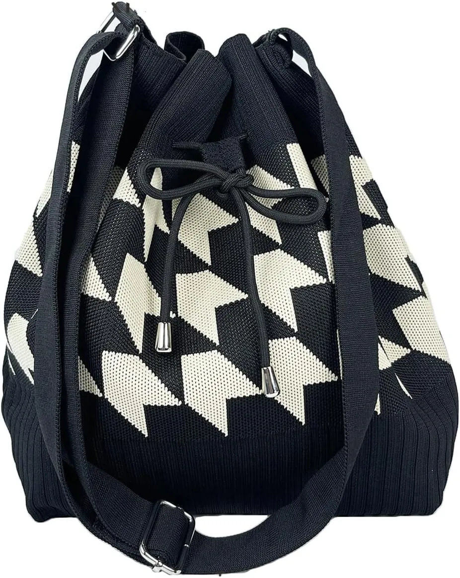 Knit Bucket Bag Women 2025 Trendy Spring Crochet Knitted Drawstring Shoulder Bags Crossbody Purse Geometric Pattern