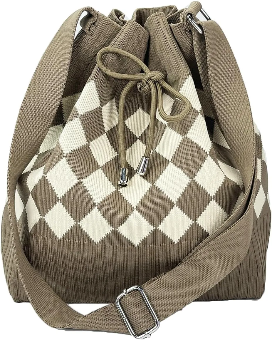 Knit Bucket Bag Women 2025 Trendy Spring Crochet Knitted Drawstring Shoulder Bags Crossbody Purse Geometric Pattern