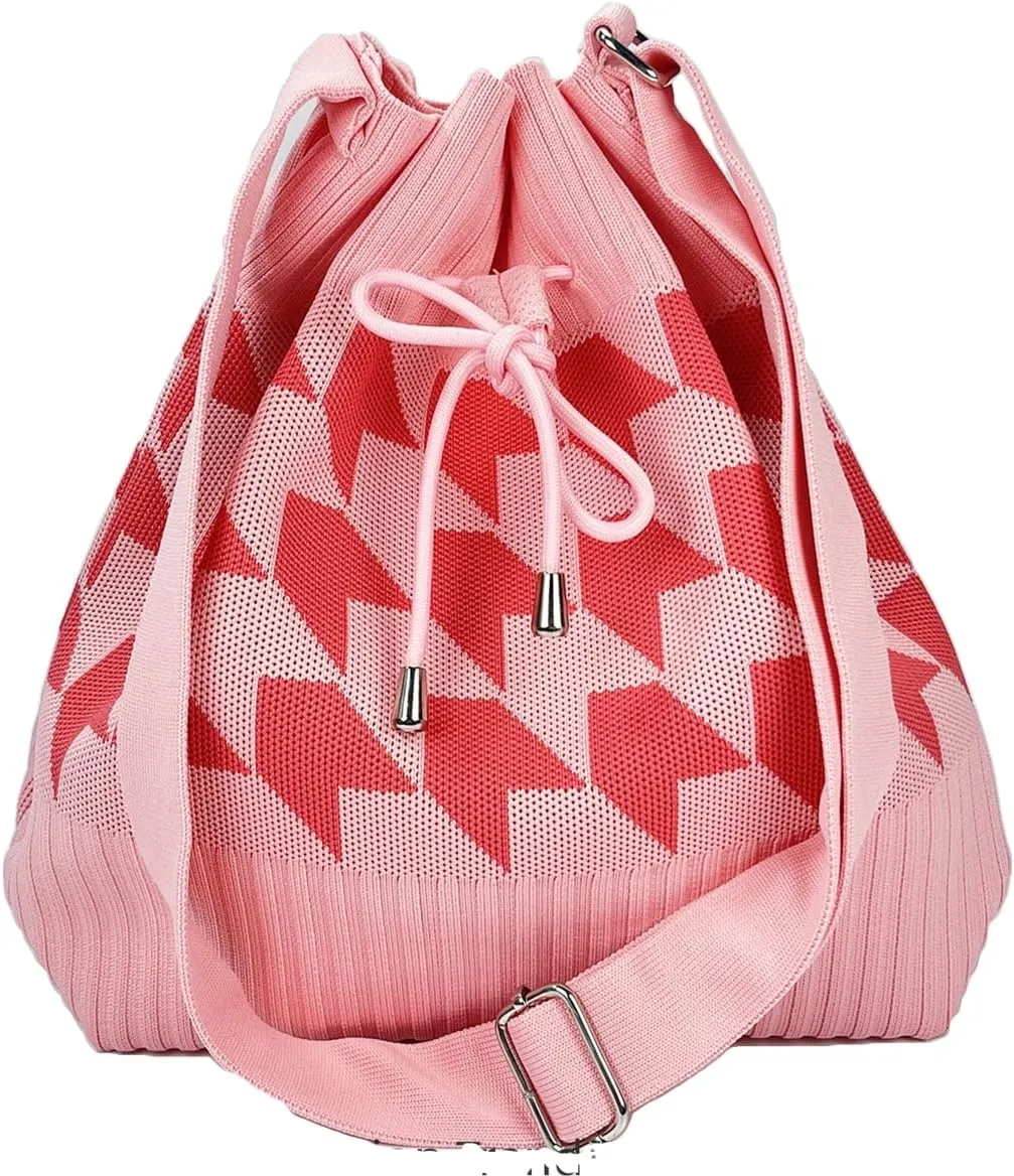 Knit Bucket Bag Women 2025 Trendy Spring Crochet Knitted Drawstring Shoulder Bags Crossbody Purse Geometric Pattern