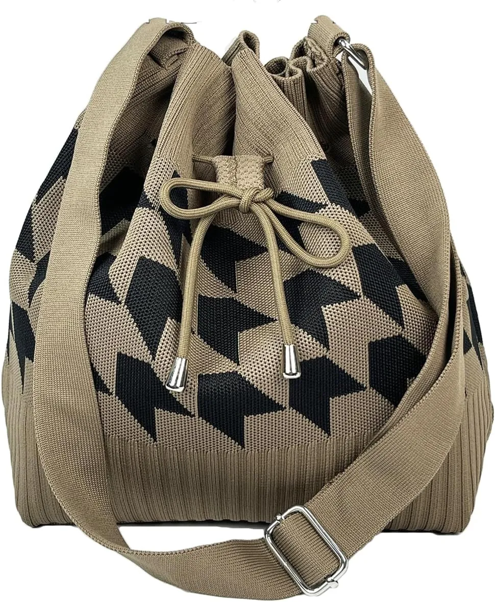 Knit Bucket Bag Women 2025 Trendy Spring Crochet Knitted Drawstring Shoulder Bags Crossbody Purse Geometric Pattern