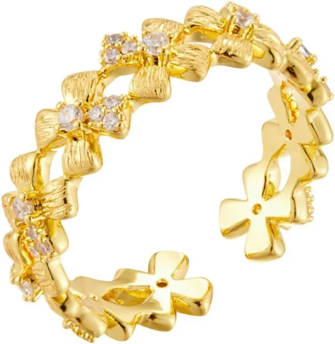 Kokoma Dainty Floral Ring for Women Gold Plated CZ Daisy Flower Stacking Ring Band Adjustable Open Statement Rings Eternity Promise Rings Fashion Jewelry