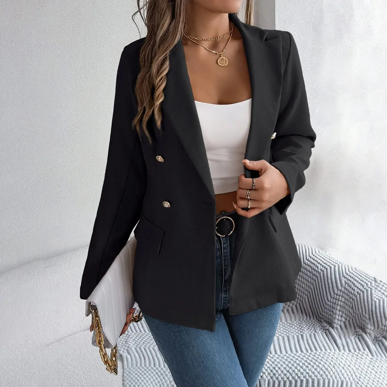 Korean Slim Casual Women's Blazer with Pockets for Spring/Autumn Office Wear