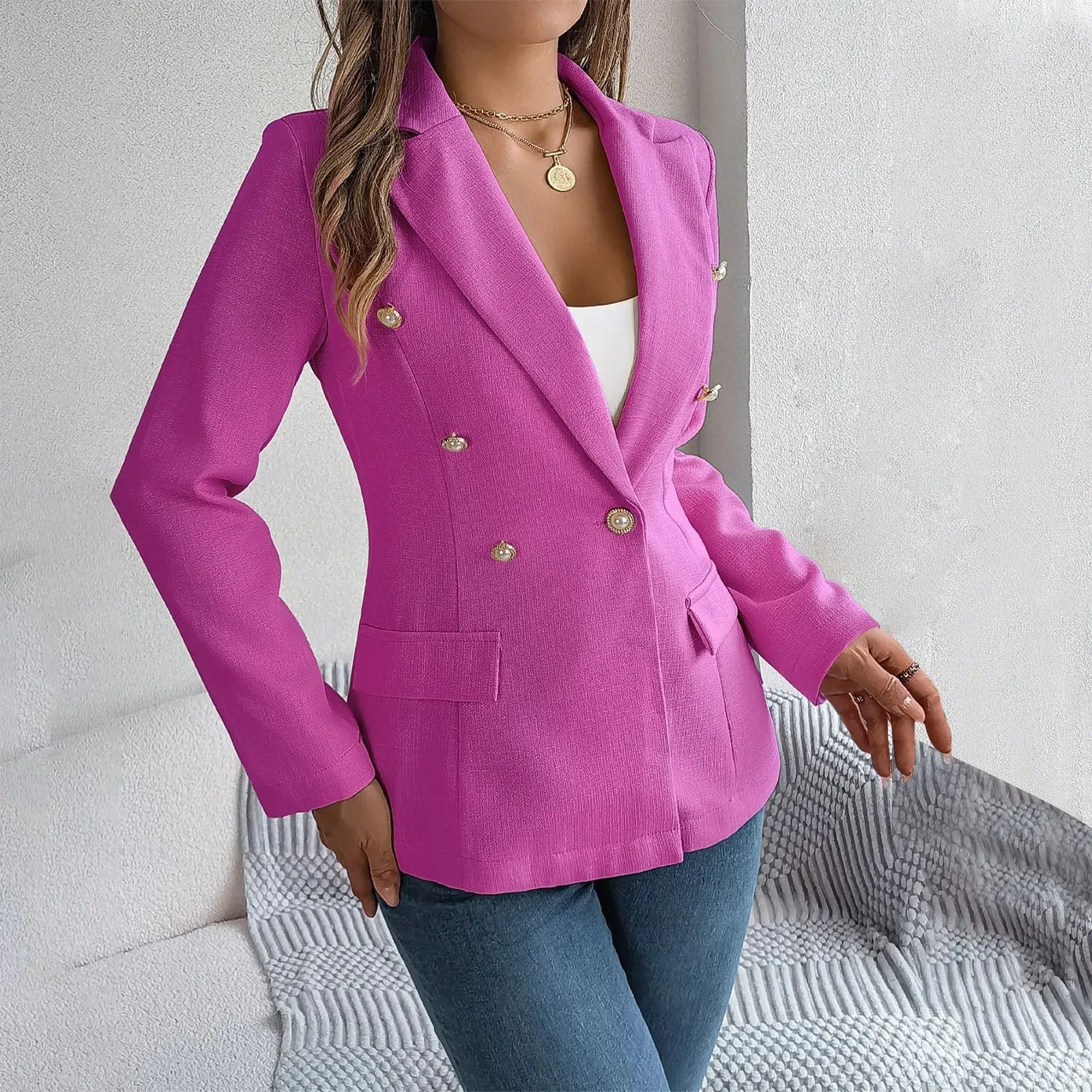 Korean Slim Casual Women's Blazer with Pockets for Spring/Autumn Office Wear