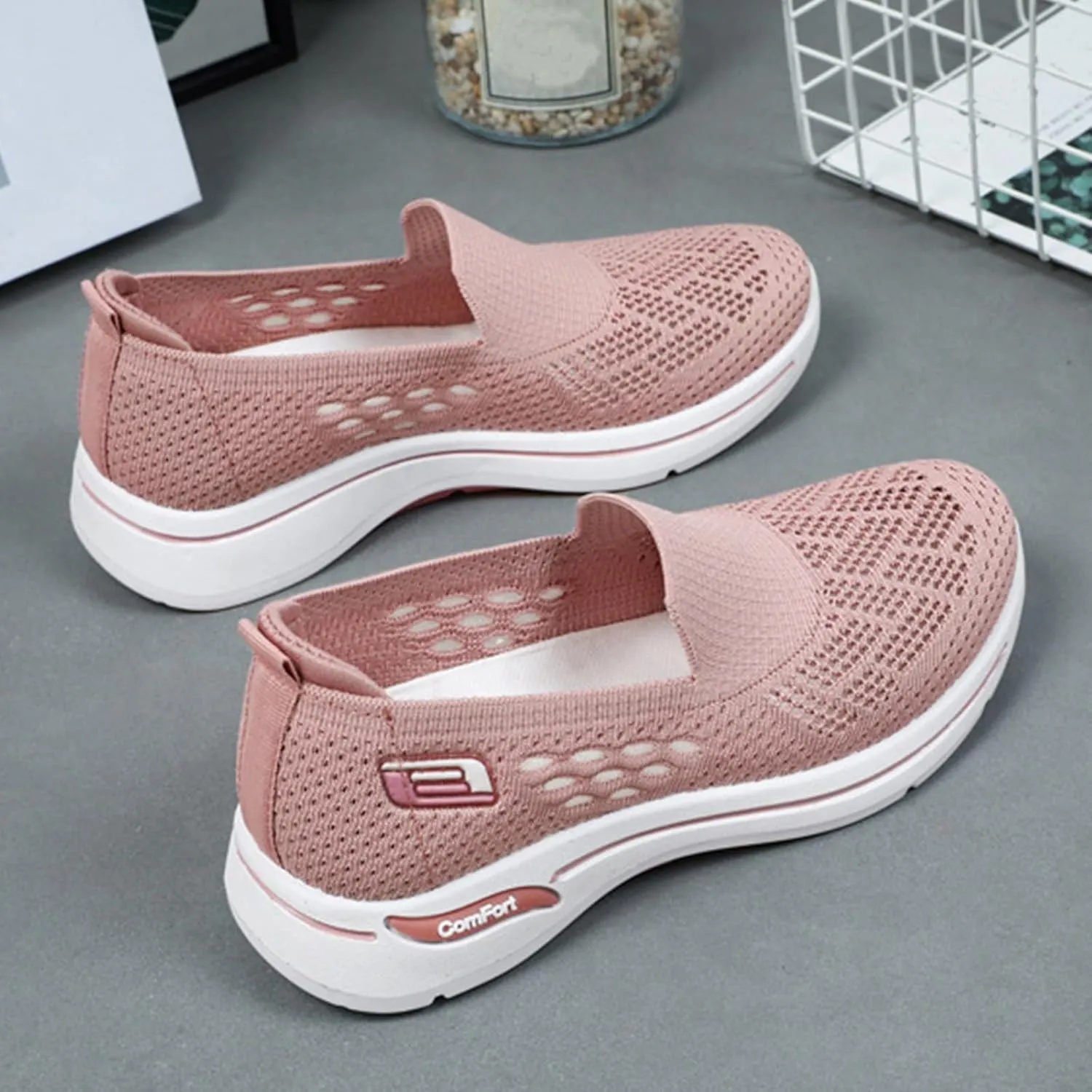 Kubbon Orthopedic Walking Shoes for Women Hands Free Slip-ons Go Walk Sneaker Woven Arch Support Breathable Soft Shoes Mesh Up Stretch Platform Sneakers