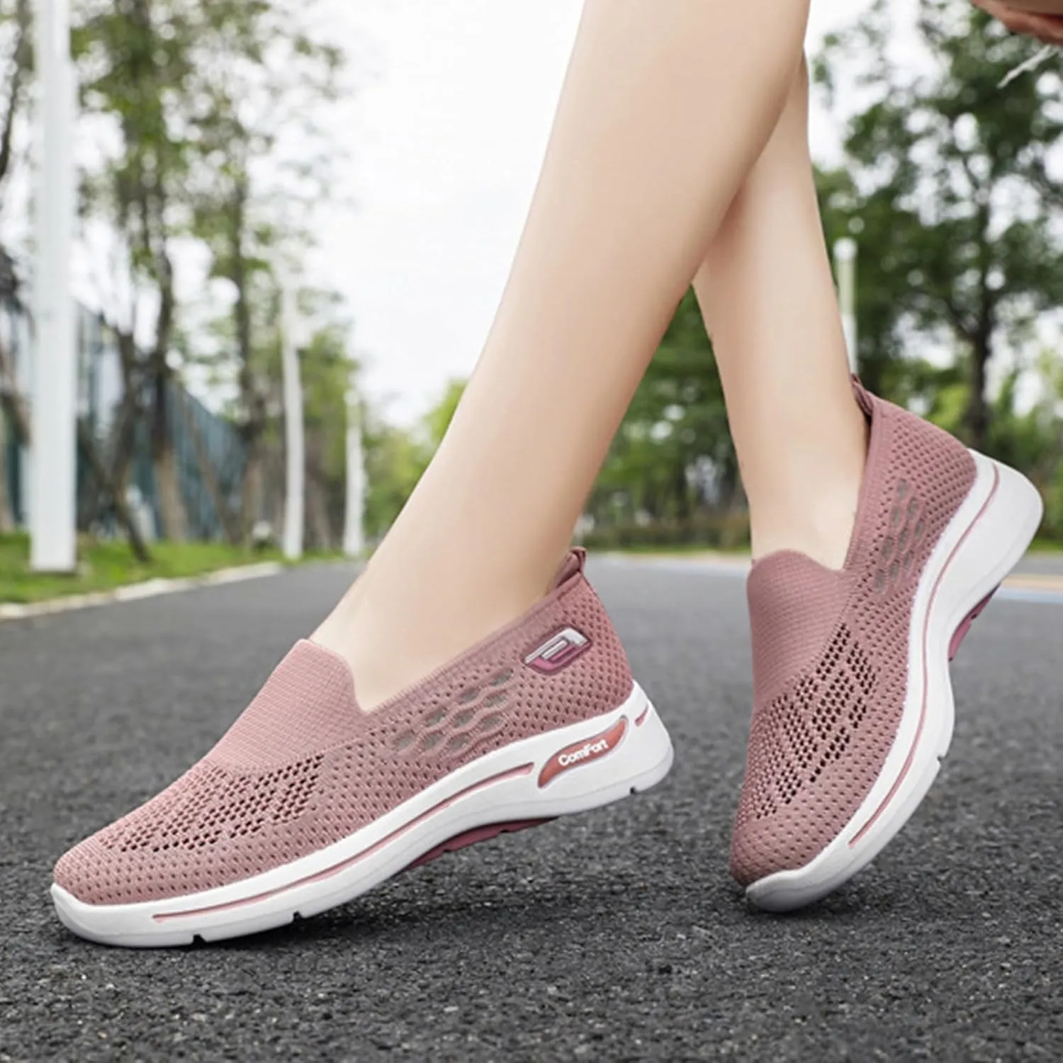 Kubbon Orthopedic Walking Shoes for Women Hands Free Slip-ons Go Walk Sneaker Woven Arch Support Breathable Soft Shoes Mesh Up Stretch Platform Sneakers