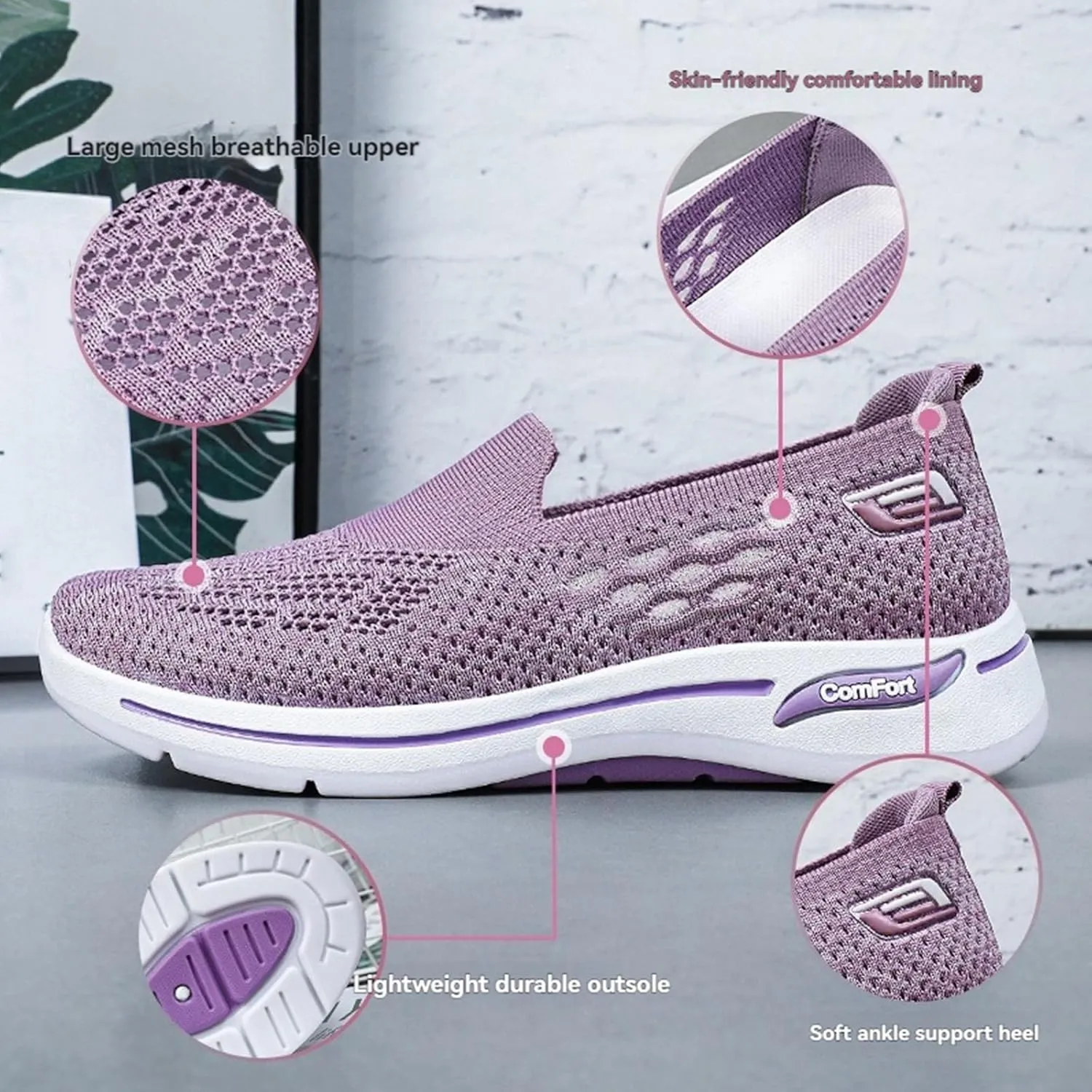 Kubbon Orthopedic Walking Shoes for Women Hands Free Slip-ons Go Walk Sneaker Woven Arch Support Breathable Soft Shoes Mesh Up Stretch Platform Sneakers