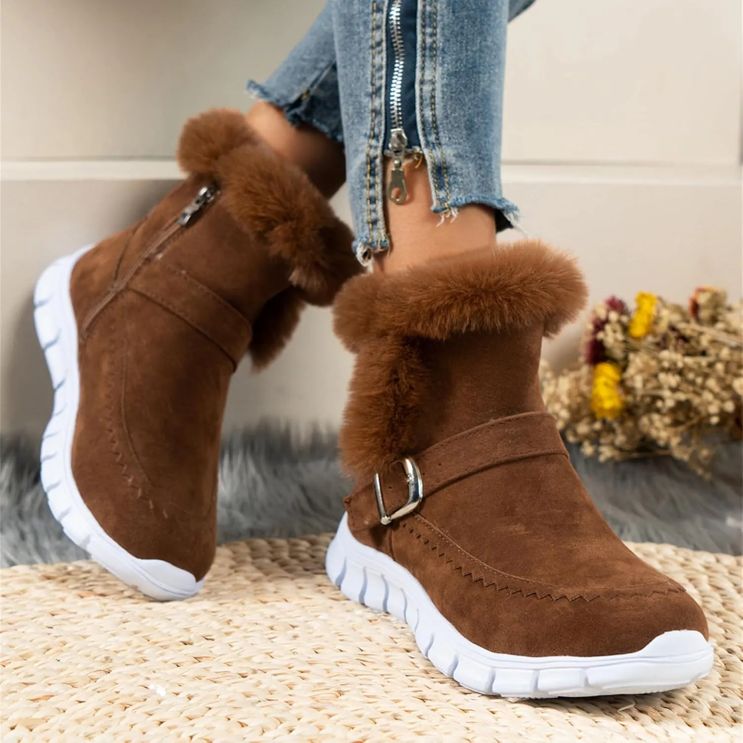 Ladmiple Snow Boots For Women Wide Calf Winter Boots Slip on Insulated Fur Lined Cold Weather Comfortable Warm Ankle Booties