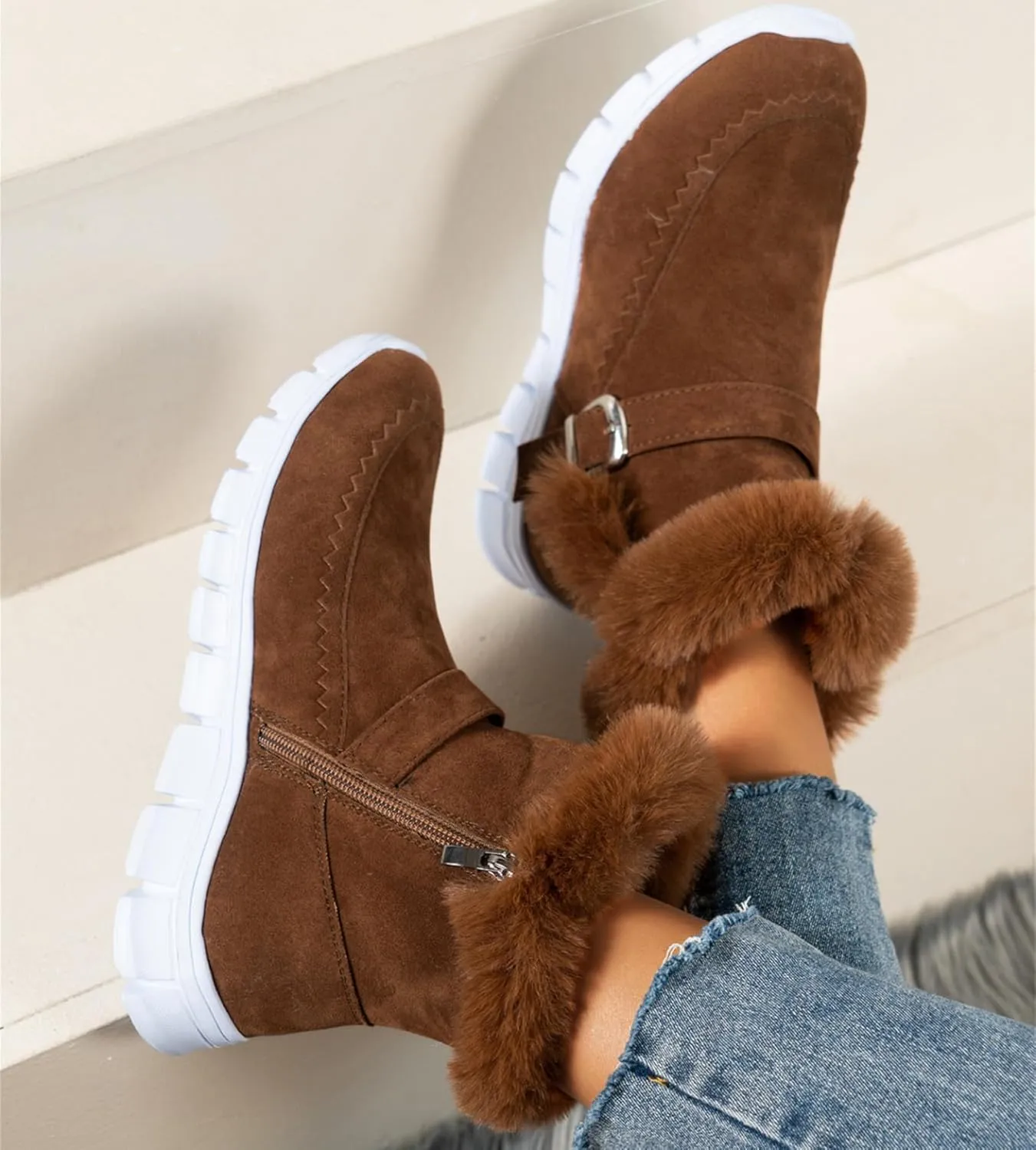 Ladmiple Snow Boots For Women Wide Calf Winter Boots Slip on Insulated Fur Lined Cold Weather Comfortable Warm Ankle Booties