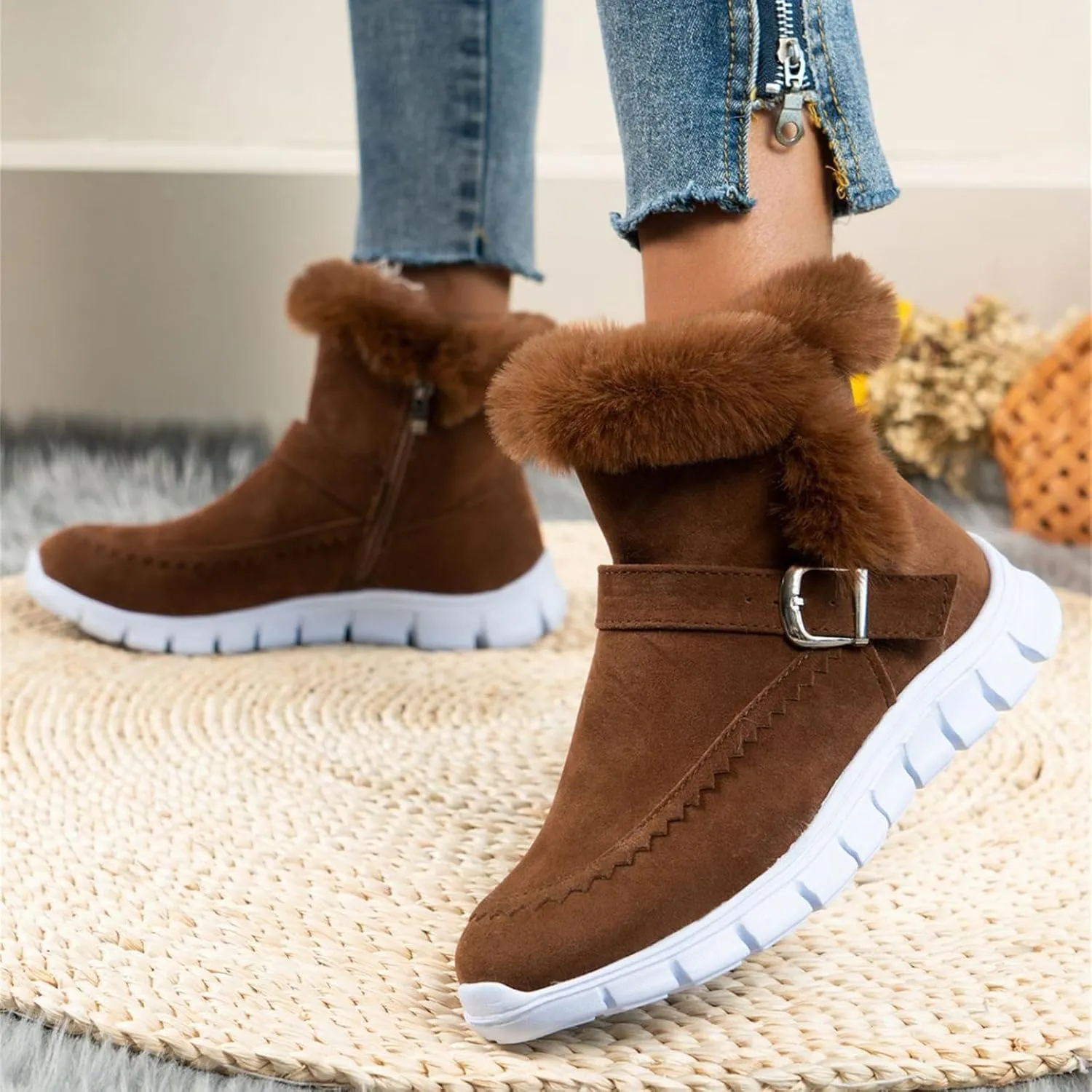 Ladmiple Snow Boots For Women Wide Calf Winter Boots Slip on Insulated Fur Lined Cold Weather Comfortable Warm Ankle Booties