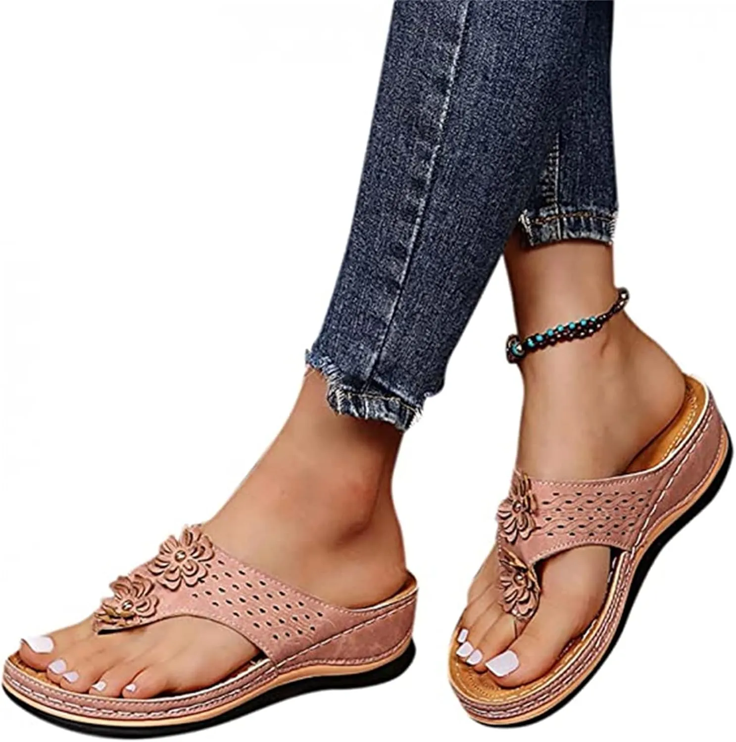 Ladmiple Women's Sandals Wedge Heel Arch Support Orthopedic Slides Summer Orthotic Thong Flip Flops for Plantar Fasciitis