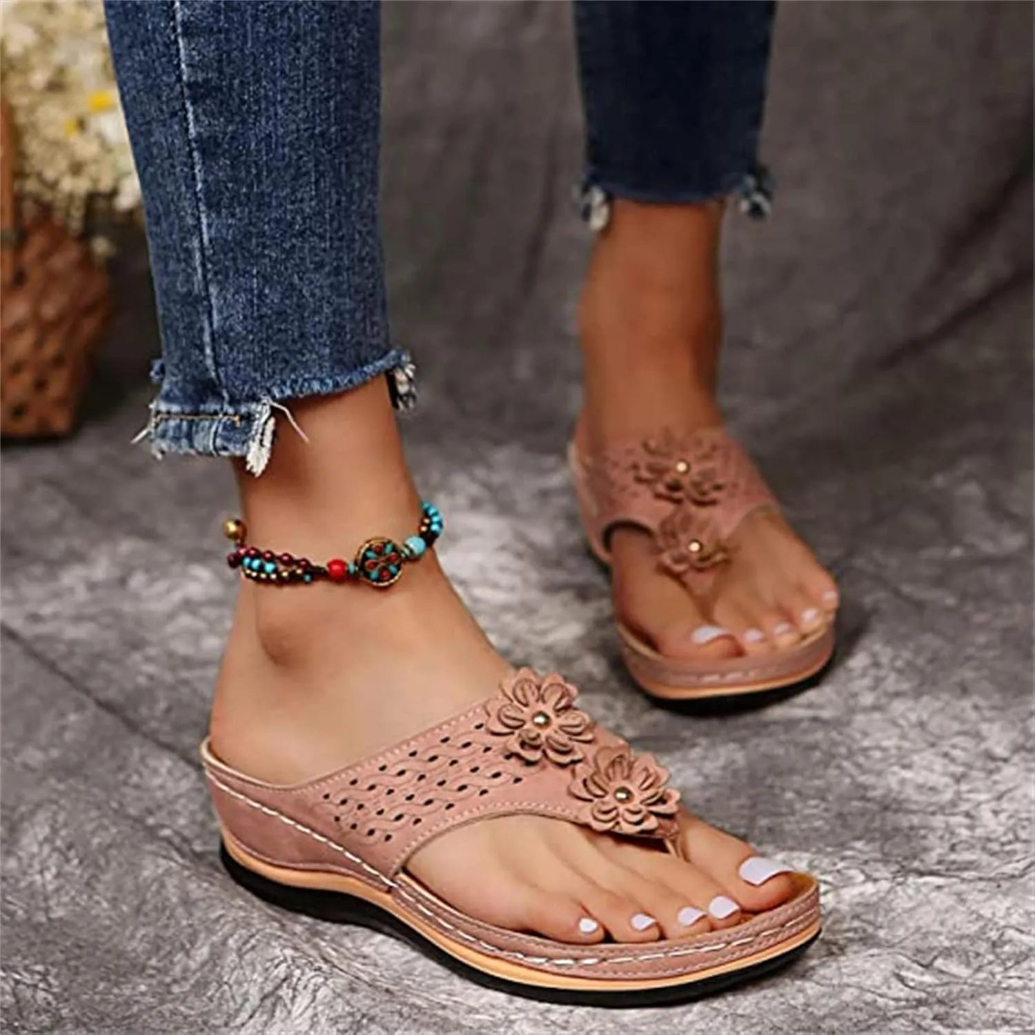 Ladmiple Women's Sandals Wedge Heel Arch Support Orthopedic Slides Summer Orthotic Thong Flip Flops for Plantar Fasciitis