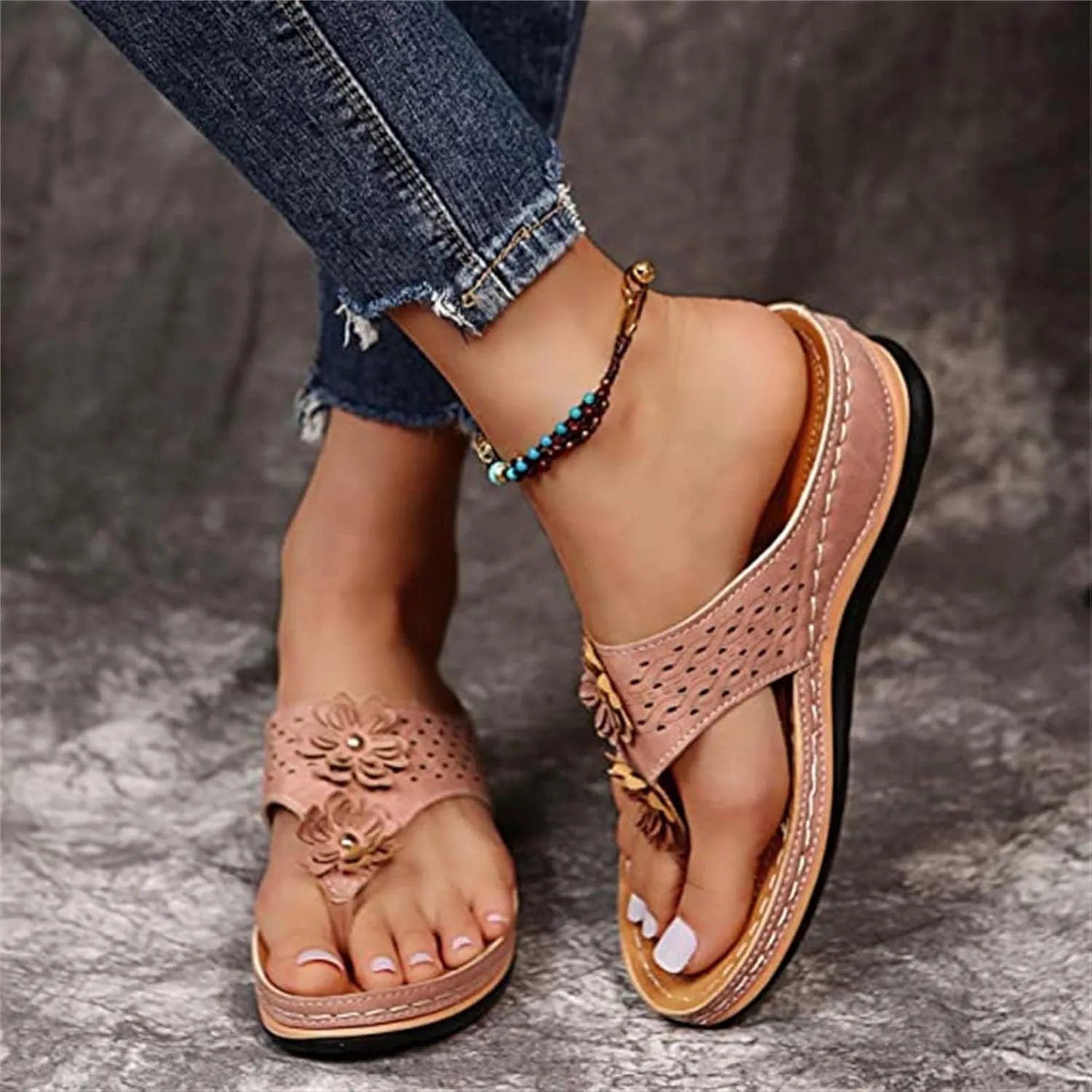 Ladmiple Women's Sandals Wedge Heel Arch Support Orthopedic Slides Summer Orthotic Thong Flip Flops for Plantar Fasciitis