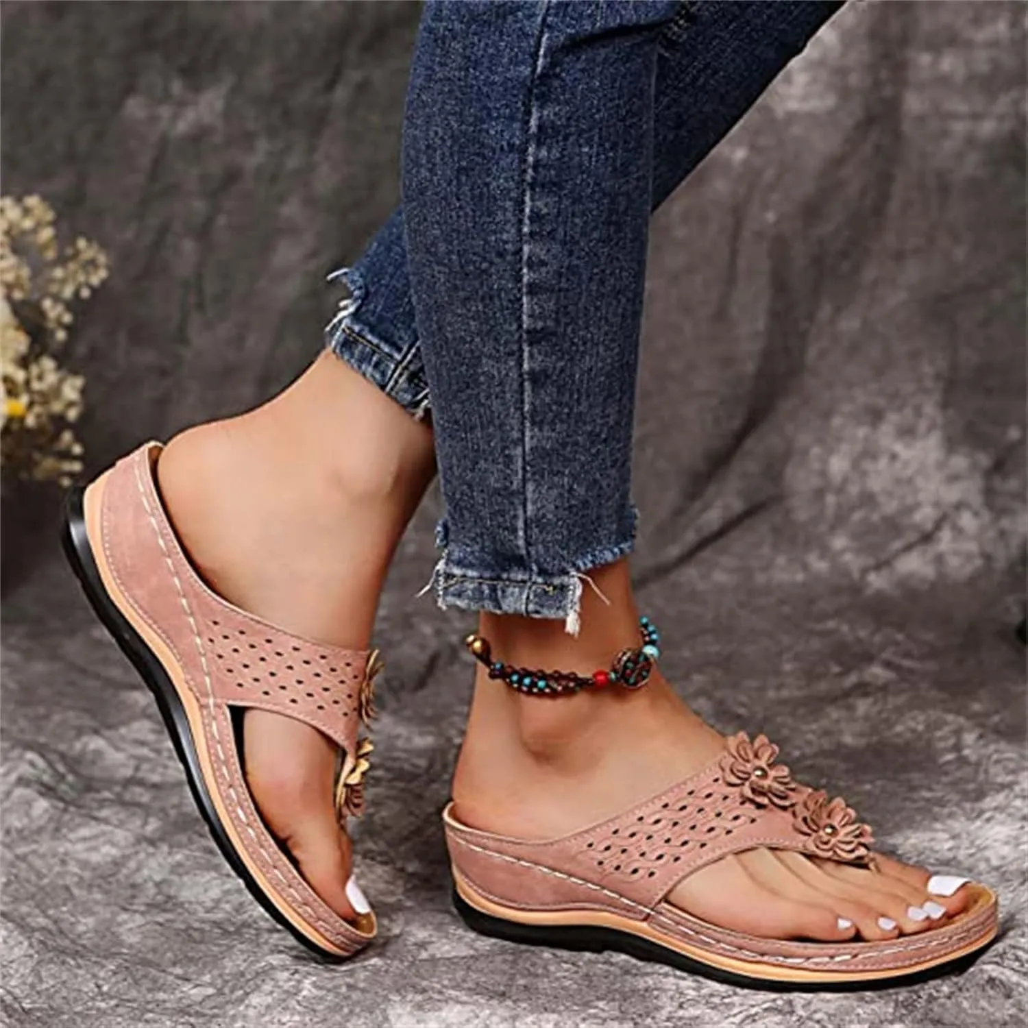 Ladmiple Women's Sandals Wedge Heel Arch Support Orthopedic Slides Summer Orthotic Thong Flip Flops for Plantar Fasciitis