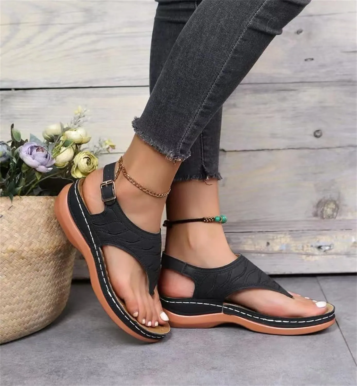 Ladmiple Women's Sandals Wedge Heel Orthotic Slides Comfortable Dressy Summer Orthopedic Thong Flip Flops with Arch Support