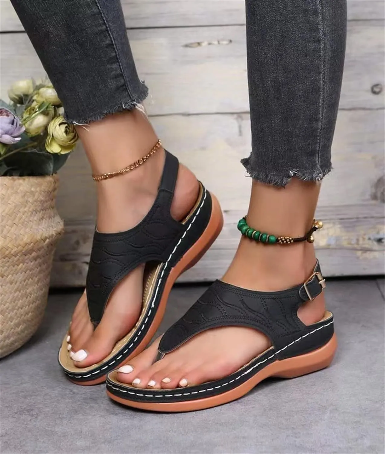 Ladmiple Women's Sandals Wedge Heel Orthotic Slides Comfortable Dressy Summer Orthopedic Thong Flip Flops with Arch Support