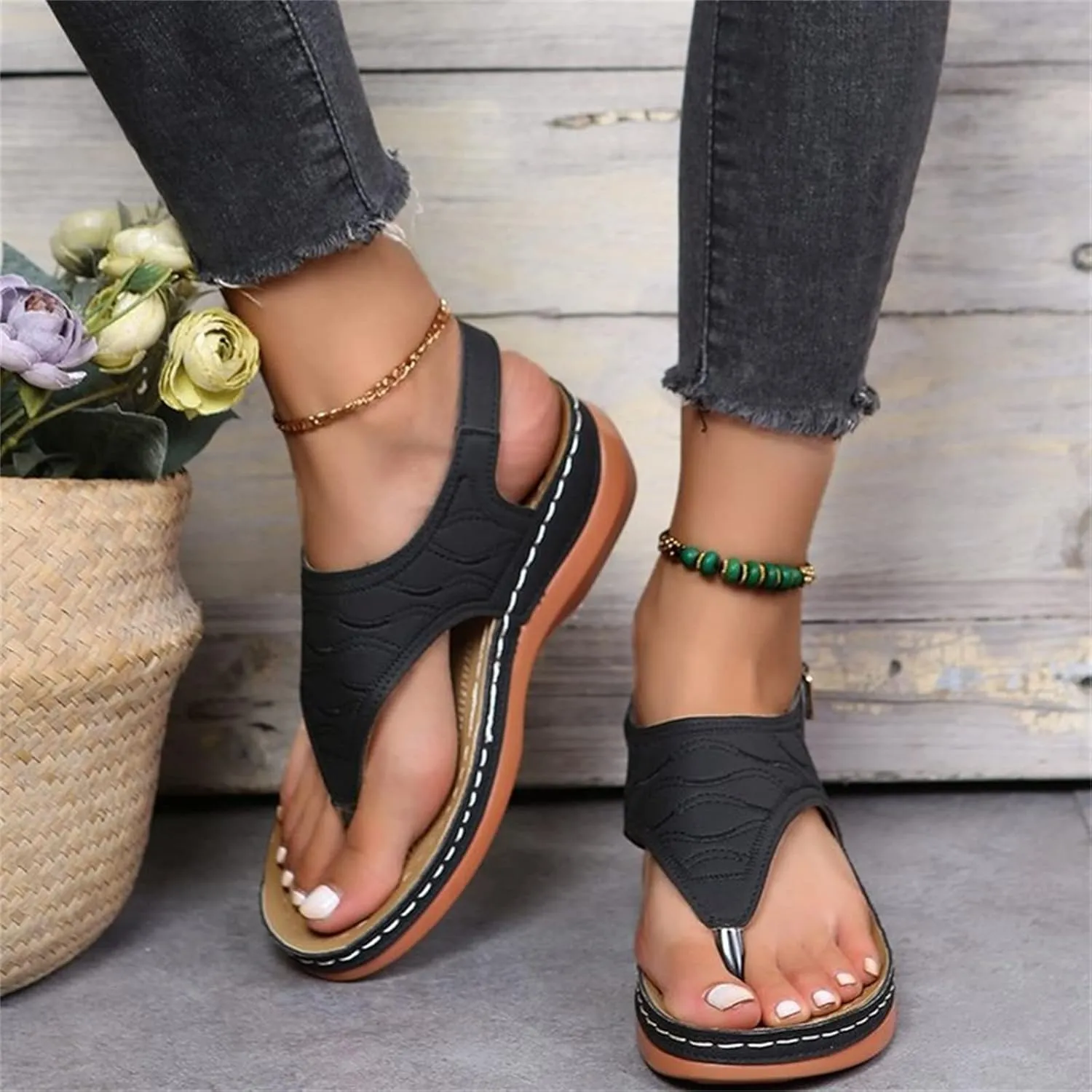 Ladmiple Women's Sandals Wedge Heel Orthotic Slides Comfortable Dressy Summer Orthopedic Thong Flip Flops with Arch Support