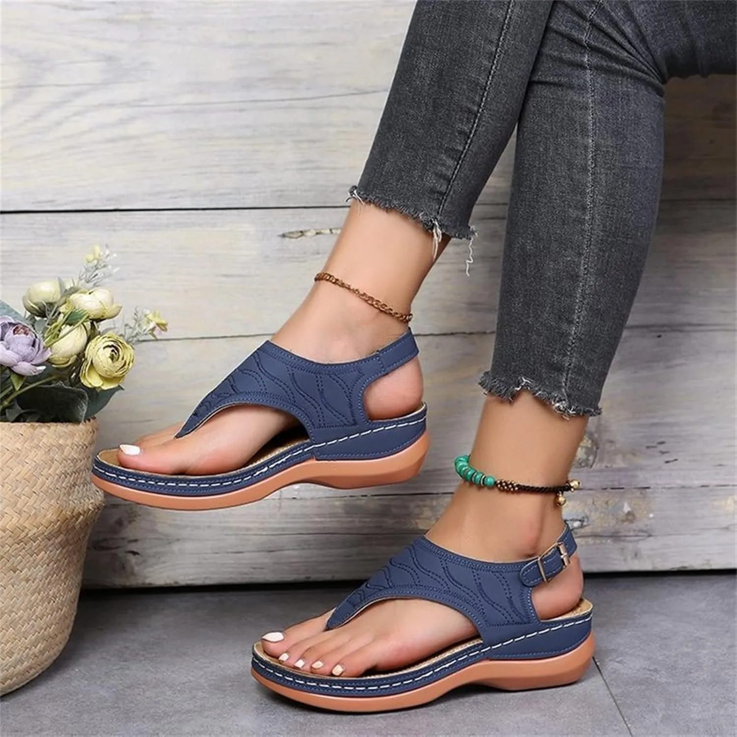 Ladmiple Women's Sandals Wedge Heel Orthotic Slides Comfortable Dressy Summer Orthopedic Thong Flip Flops with Arch Support