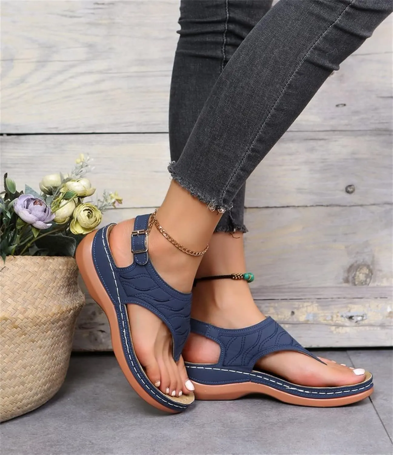 Ladmiple Women's Sandals Wedge Heel Orthotic Slides Comfortable Dressy Summer Orthopedic Thong Flip Flops with Arch Support