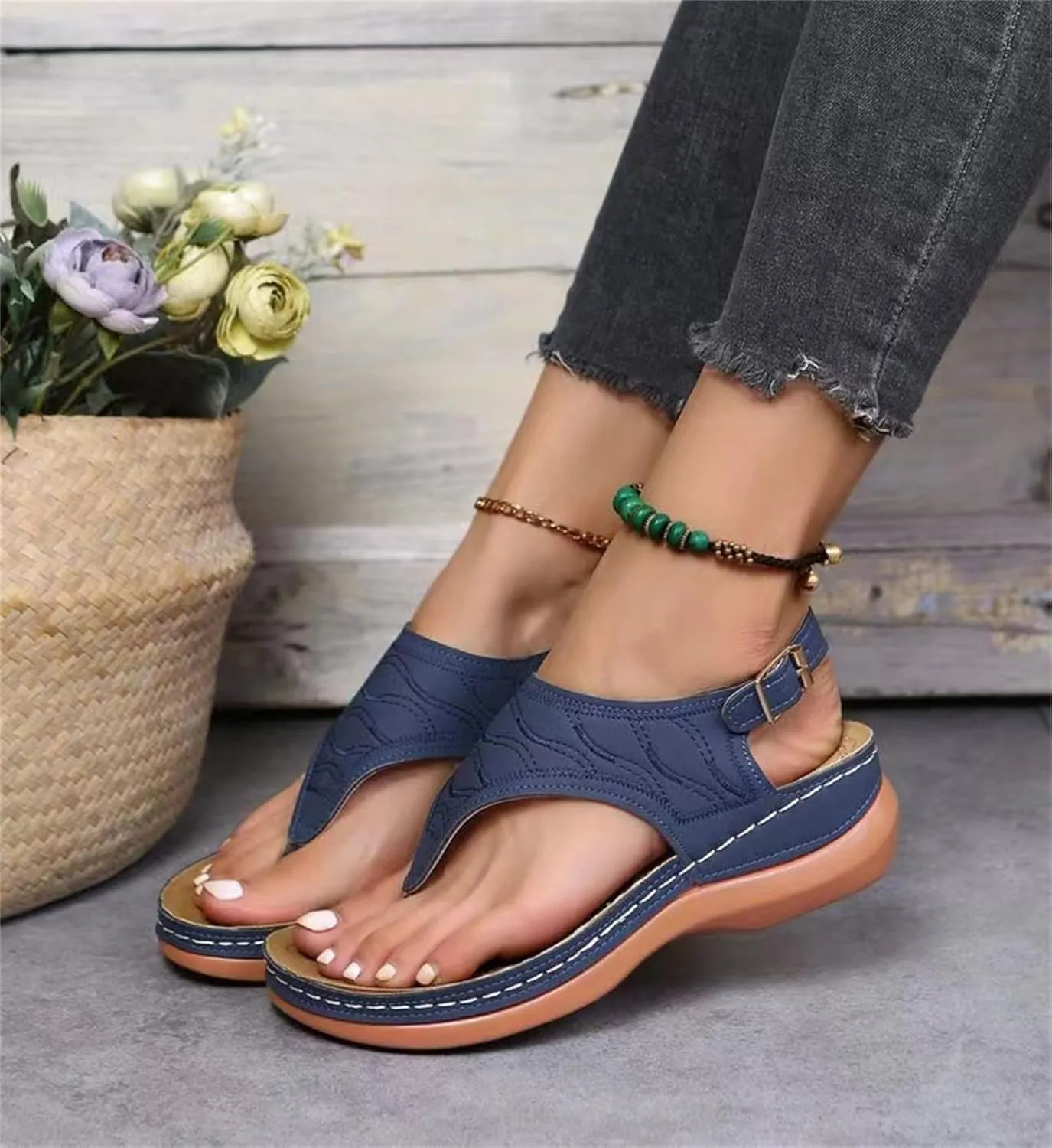 Ladmiple Women's Sandals Wedge Heel Orthotic Slides Comfortable Dressy Summer Orthopedic Thong Flip Flops with Arch Support