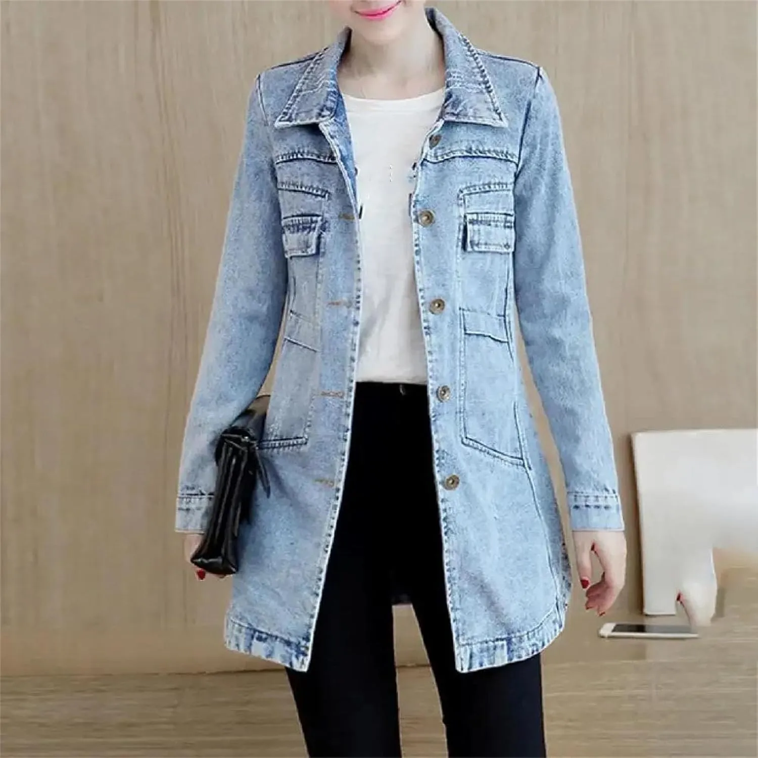 Large Size Trench Coat Women Outerwear Denim Jacket Embroidery Top