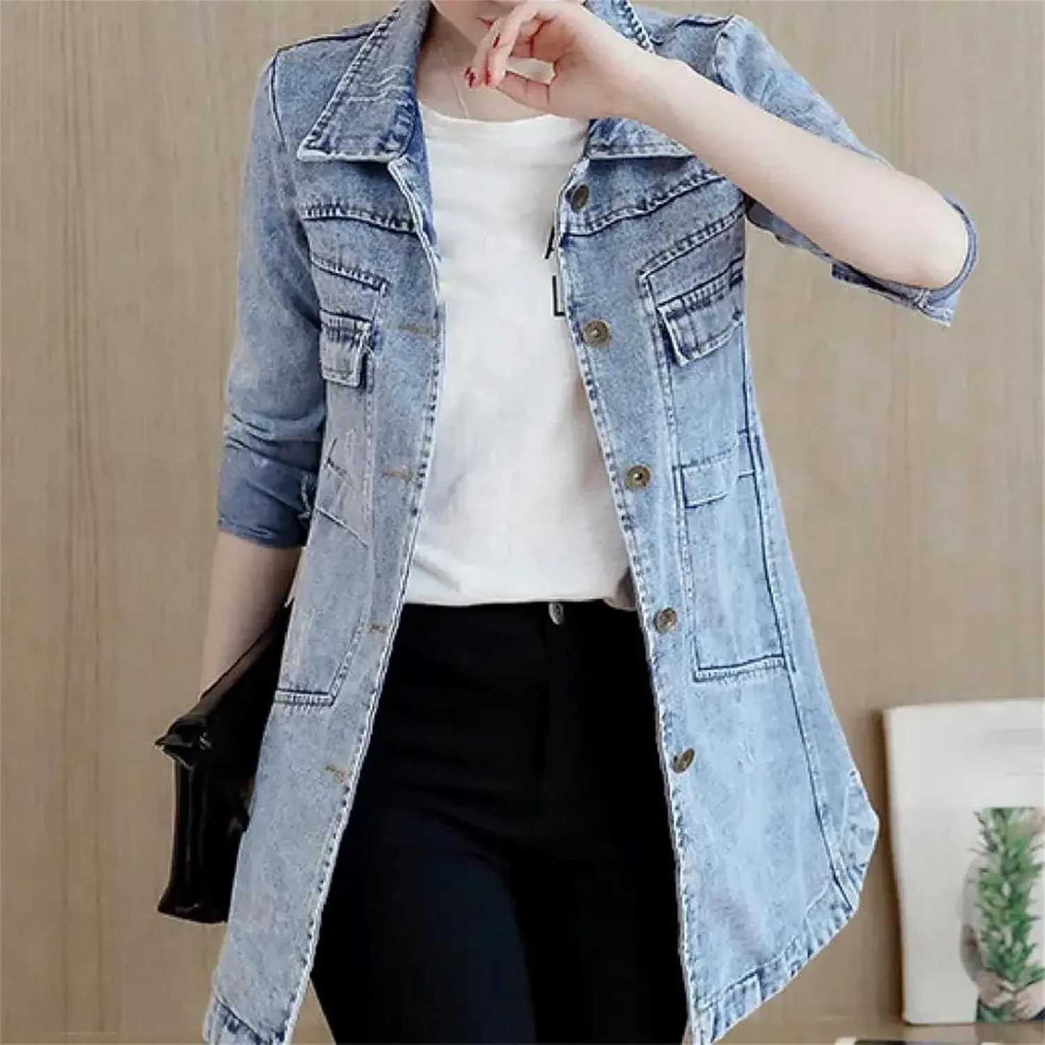 Large Size Trench Coat Women Outerwear Denim Jacket Embroidery Top