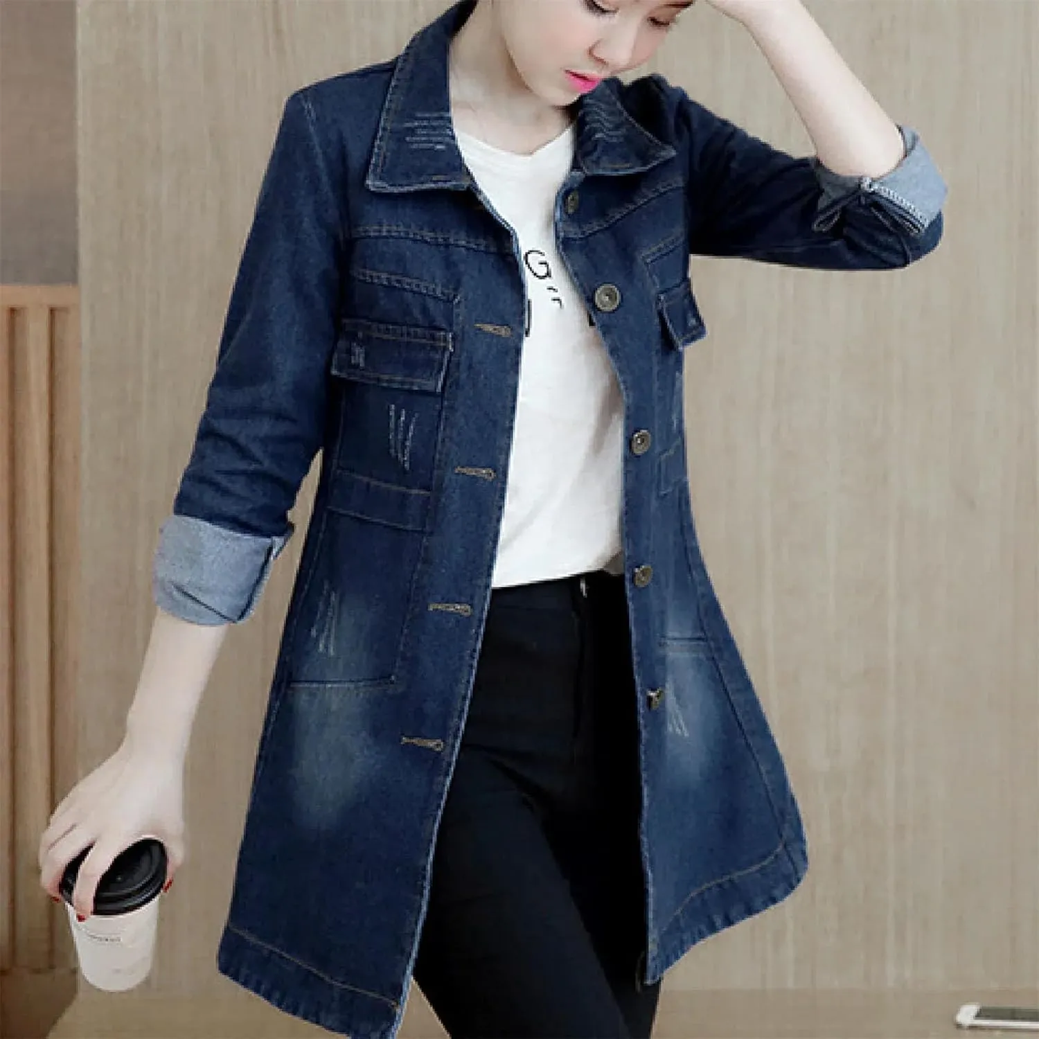 Large Size Trench Coat Women Outerwear Denim Jacket Embroidery Top
