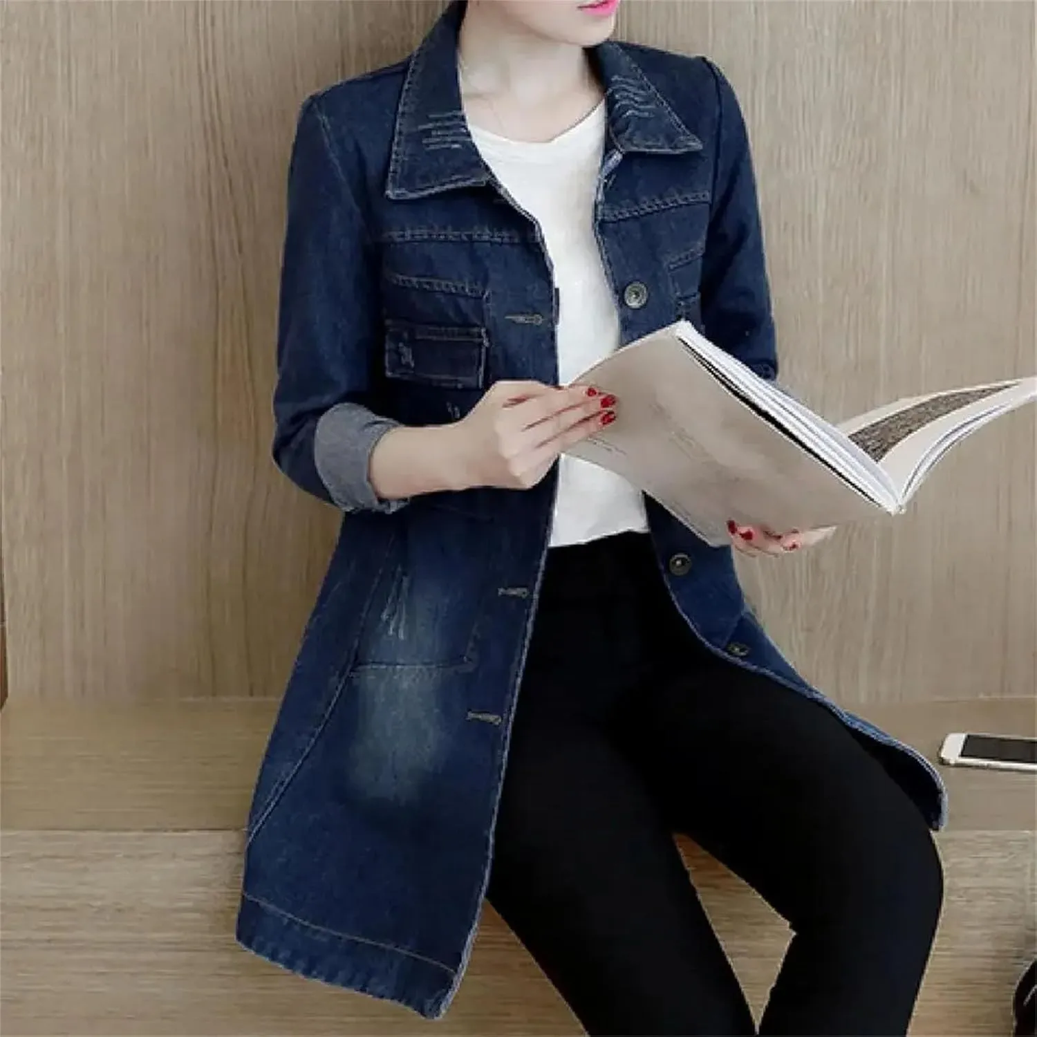 Large Size Trench Coat Women Outerwear Denim Jacket Embroidery Top