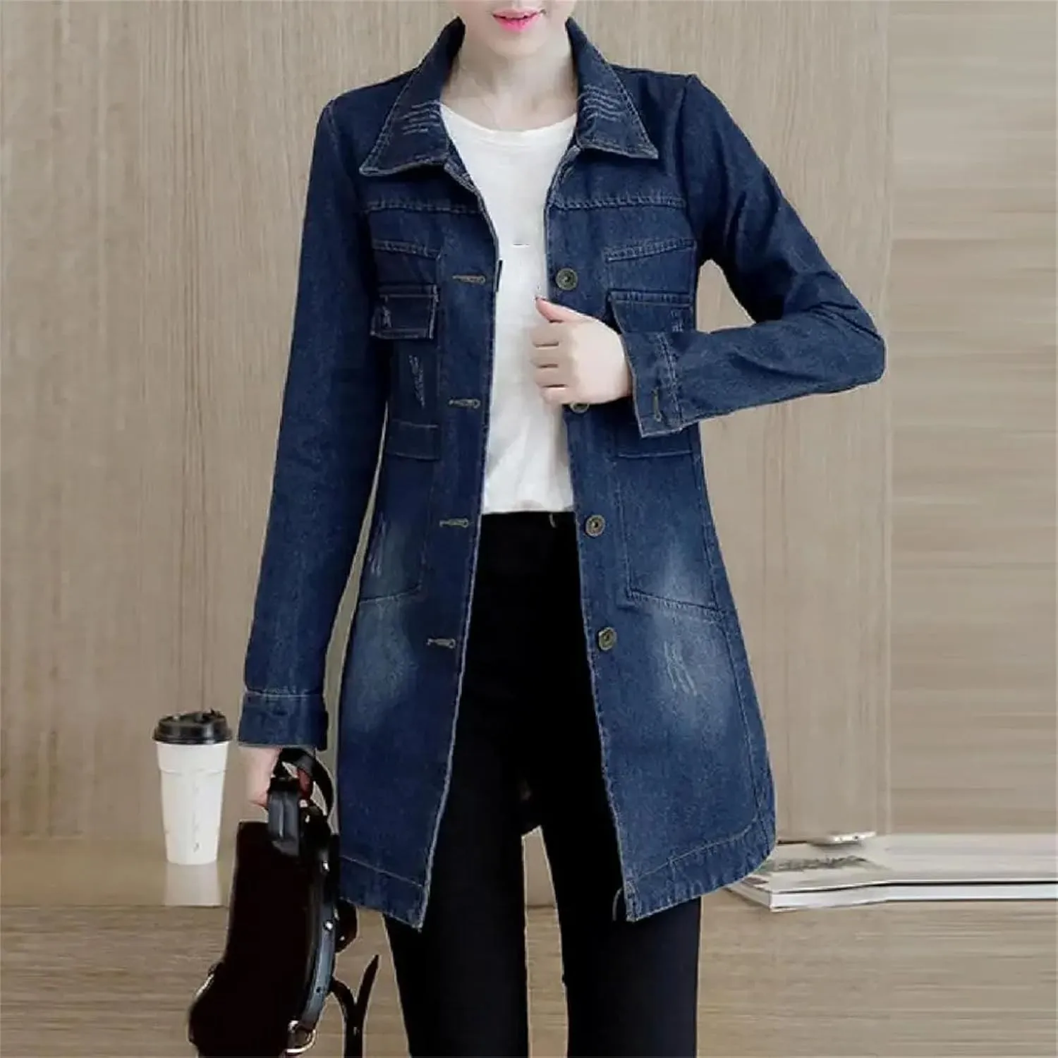 Large Size Trench Coat Women Outerwear Denim Jacket Embroidery Top