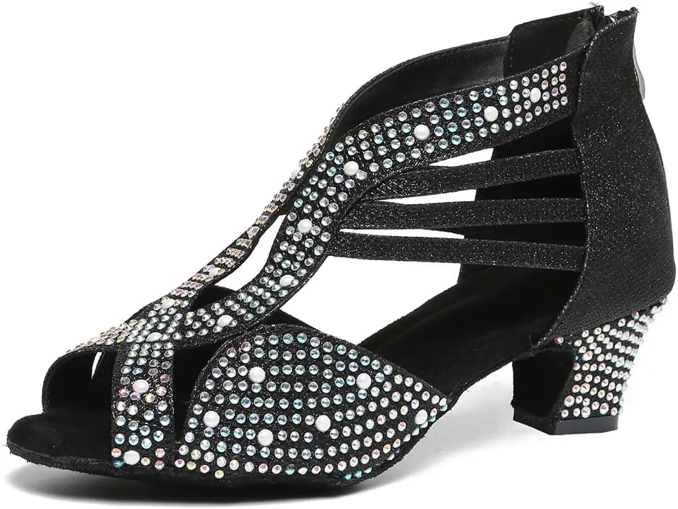 Latin Dance Shoes for Women Rhinestones Ballroom Zip Back Salsa Bachata Dance Shoes,Model YC-L491
