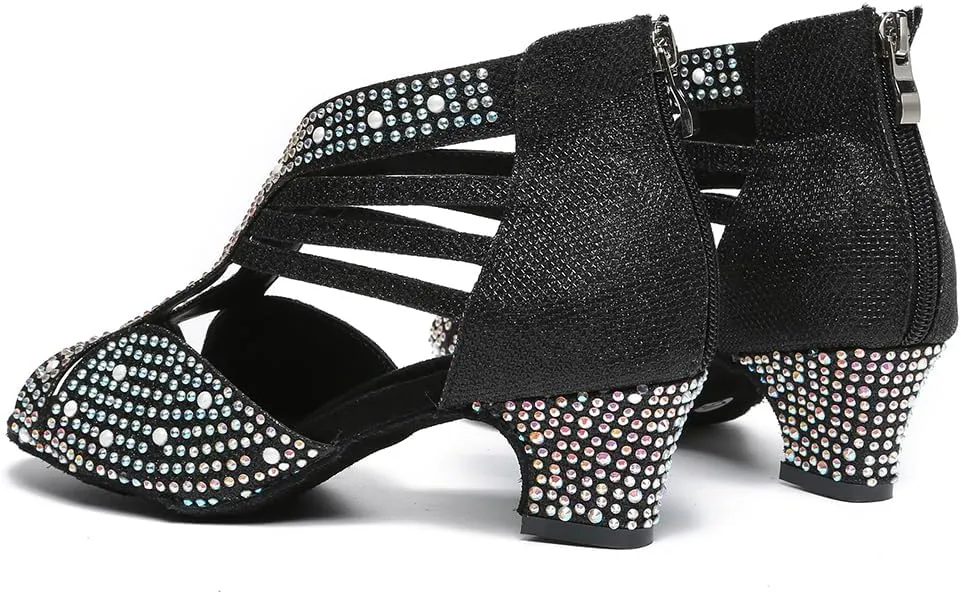 Latin Dance Shoes for Women Rhinestones Ballroom Zip Back Salsa Bachata Dance Shoes,Model YC-L491