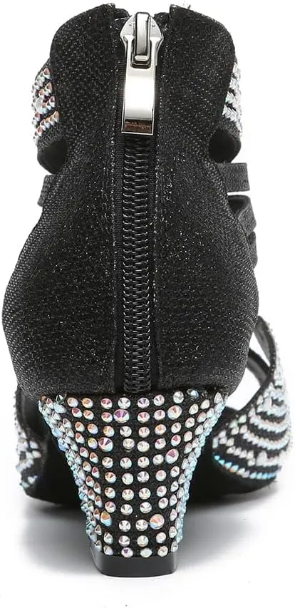 Latin Dance Shoes for Women Rhinestones Ballroom Zip Back Salsa Bachata Dance Shoes,Model YC-L491