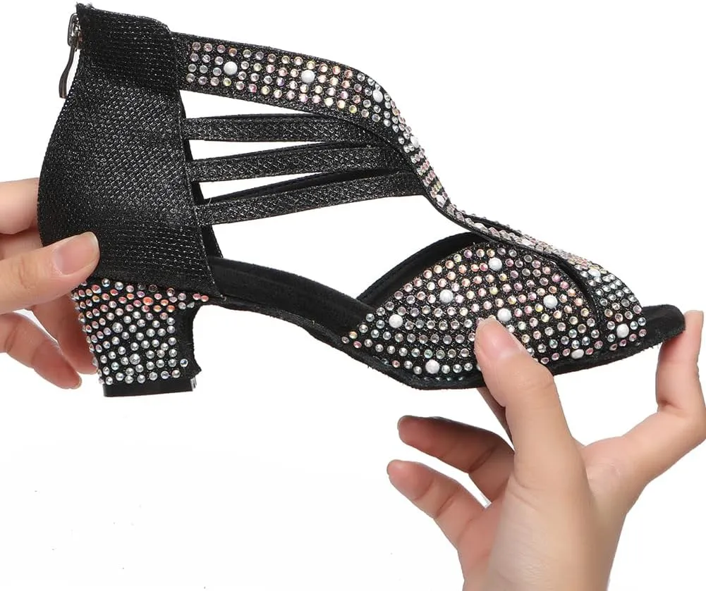 Latin Dance Shoes for Women Rhinestones Ballroom Zip Back Salsa Bachata Dance Shoes,Model YC-L491