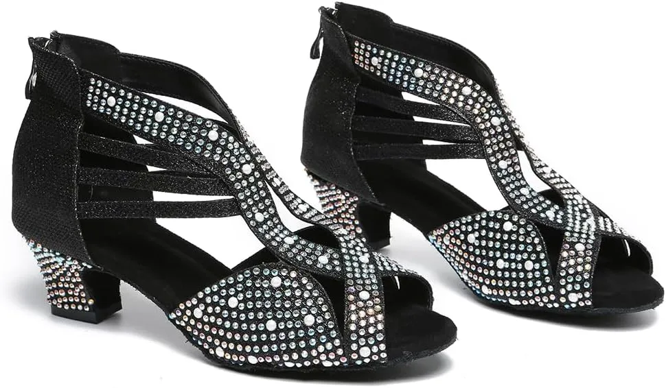 Latin Dance Shoes for Women Rhinestones Ballroom Zip Back Salsa Bachata Dance Shoes,Model YC-L491