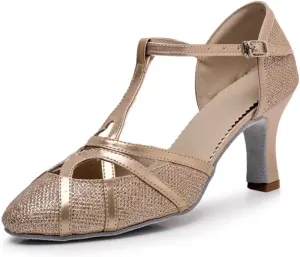 Latin Dance Shoes Tango Ballroom Woman High Heel For Wedding Shoes Gold Silver Shoes Women(Champagne 7.5cm,39)