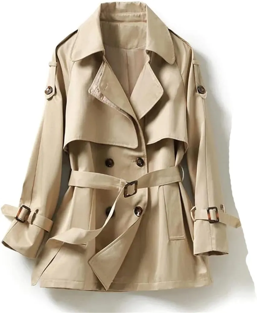 Loose Fit Khaki Femmes Trench Coat Women 2022 New Spring Autumn Short Windbreaker Lapel Belt Long Sleeve Top Clothes Outerwear Khaki XXL