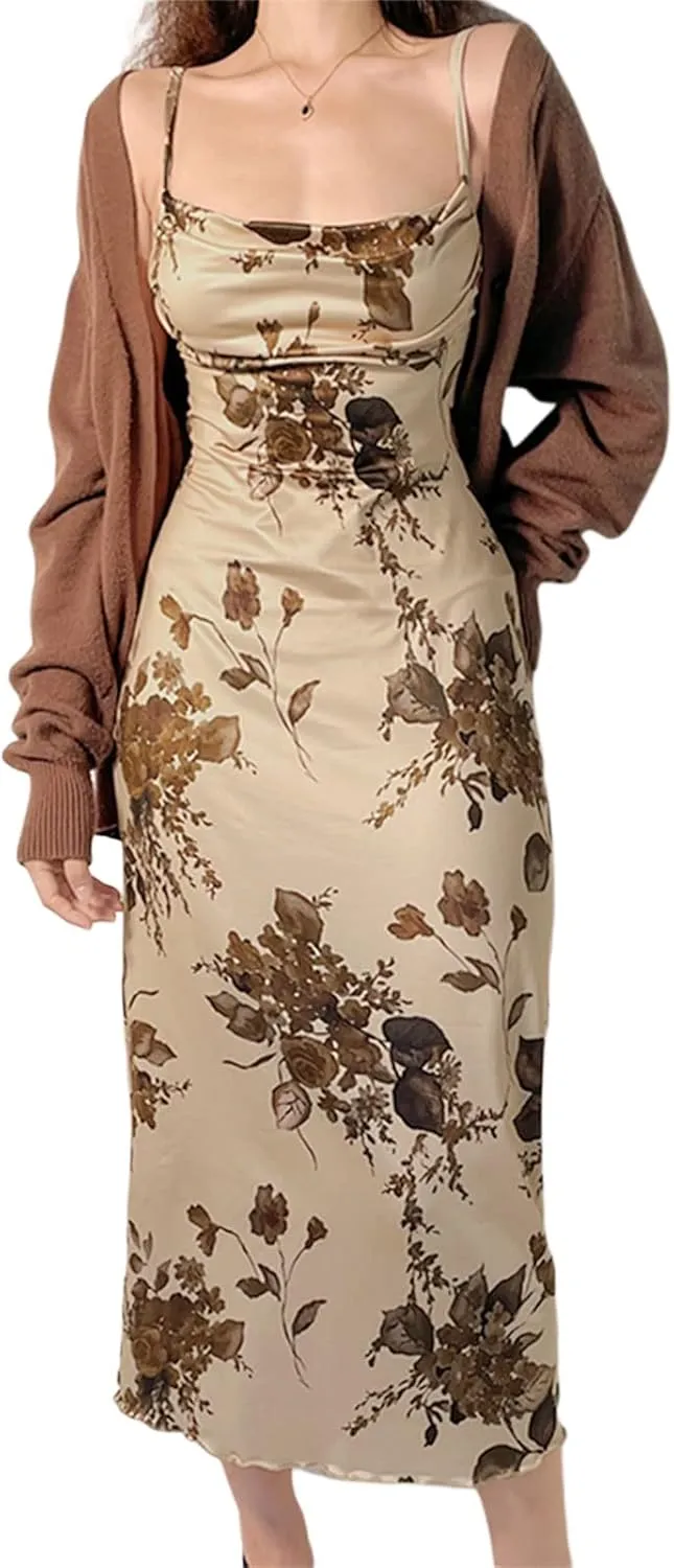 Low Cut Ribbed Knit Long Bodycon Sling Dress Sleeveless Spaghetti Straps Club Party Floral Maxi Dress for Women