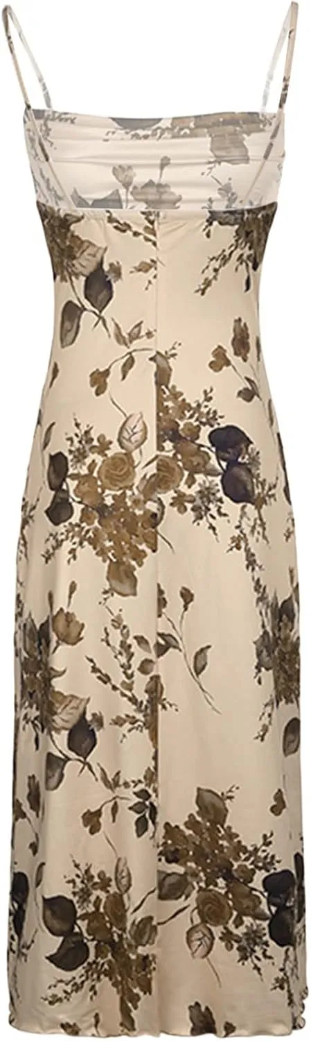 Low Cut Ribbed Knit Long Bodycon Sling Dress Sleeveless Spaghetti Straps Club Party Floral Maxi Dress for Women