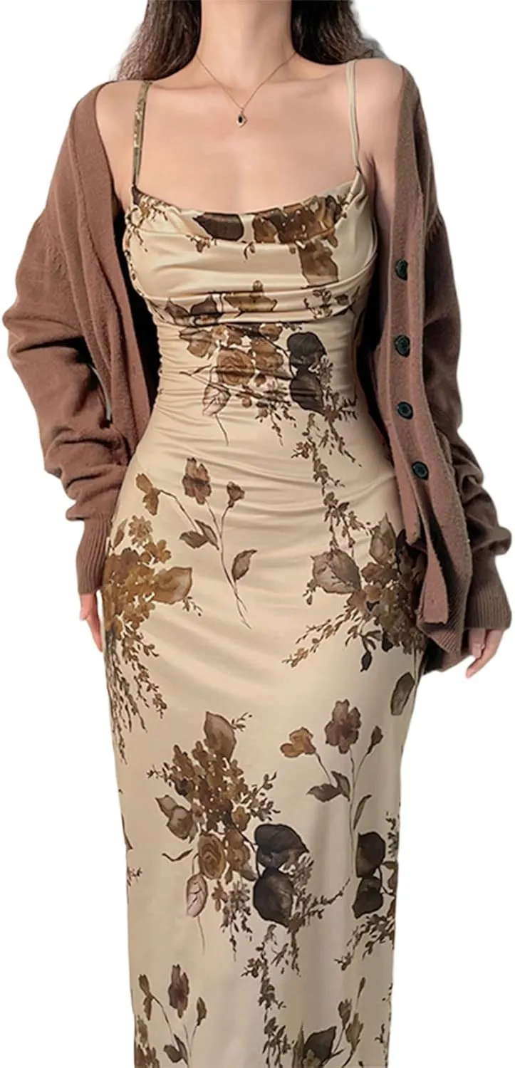 Low Cut Ribbed Knit Long Bodycon Sling Dress Sleeveless Spaghetti Straps Club Party Floral Maxi Dress for Women