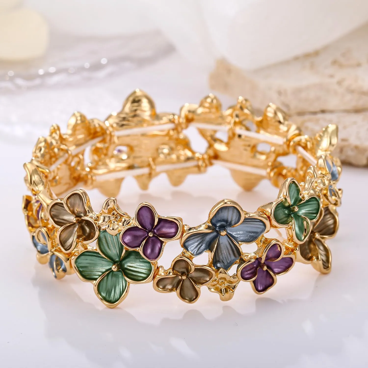 LUREME Gold Sakura Floral Bracelet for Women - Colorful Enamel Flower Stretch Bangle, Adjustable Elastic Cuff (bl003608)