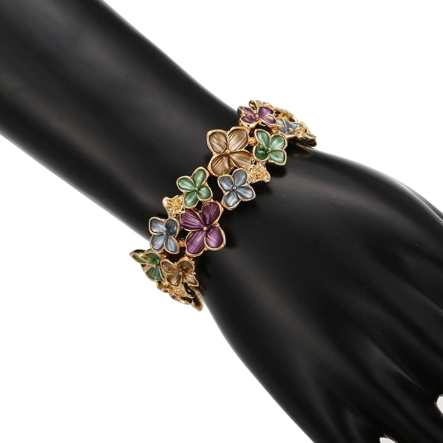 LUREME Gold Sakura Floral Bracelet for Women - Colorful Enamel Flower Stretch Bangle, Adjustable Elastic Cuff (bl003608)