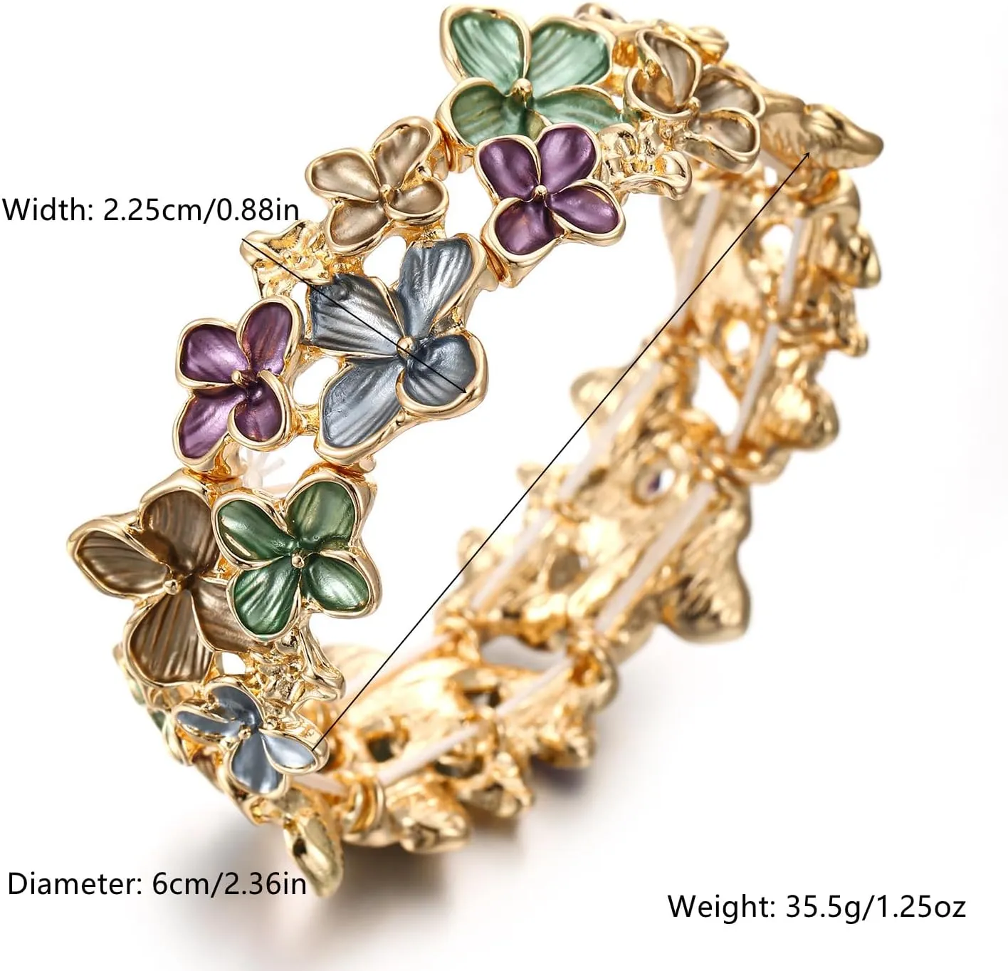 LUREME Gold Sakura Floral Bracelet for Women - Colorful Enamel Flower Stretch Bangle, Adjustable Elastic Cuff (bl003608)